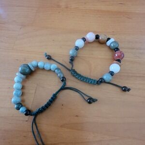 Jade Mixed Gemstone Adjustable Bracelet Pair Rose Quartz Agate Onyx